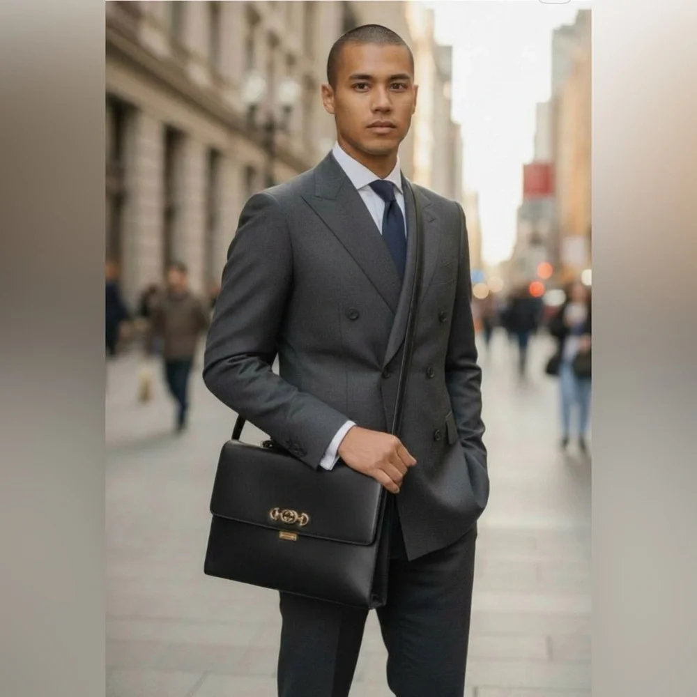 Gucci Zumi Briefcase Black Grain Leather w/ Gold & Silver Hardware Authentic